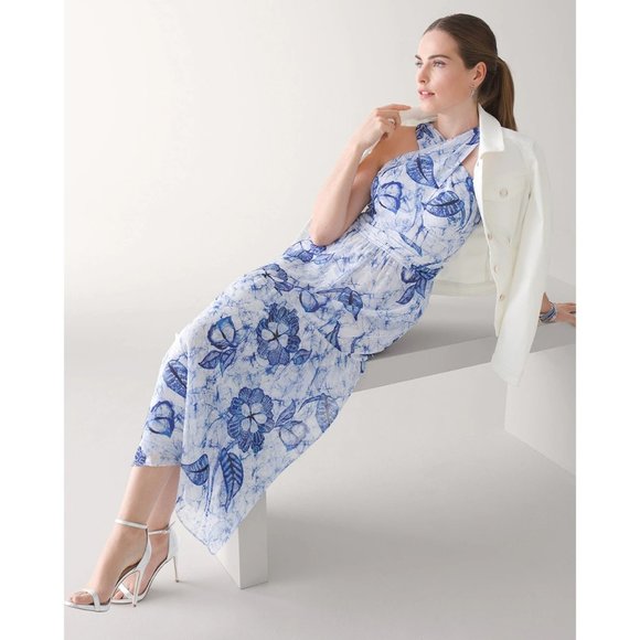 NWT WHBM Blue Floral Batik Halter Midi Dress Size 2 - Picture 2 of 9